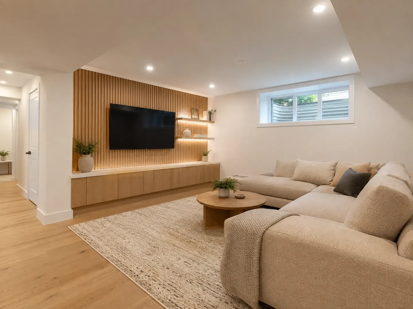 Finished Toronto basement family room with a slatted wood feature wall, wall-mounted TV, and a deep sectional sofa