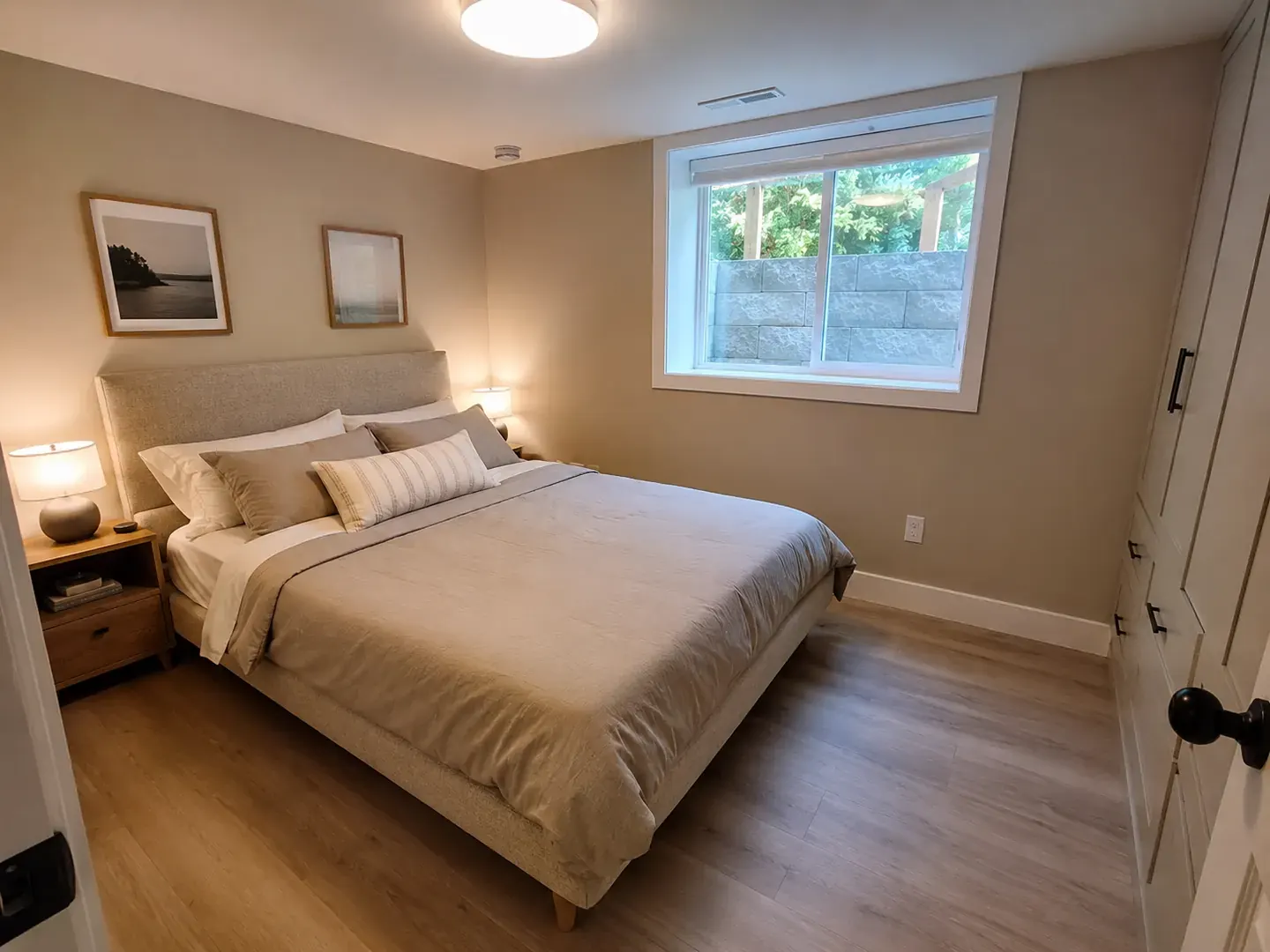 Finished basement guest suite in Scarborough with an upholstered bed, warm lighting, and an egress window