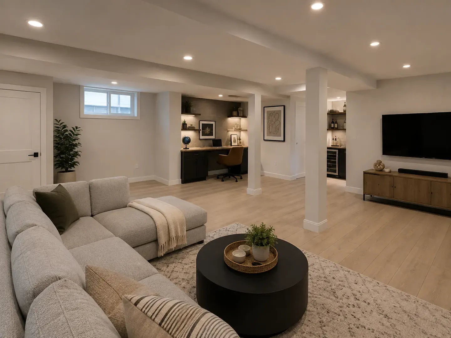 After: the same lower level finished as a bright open family room and office