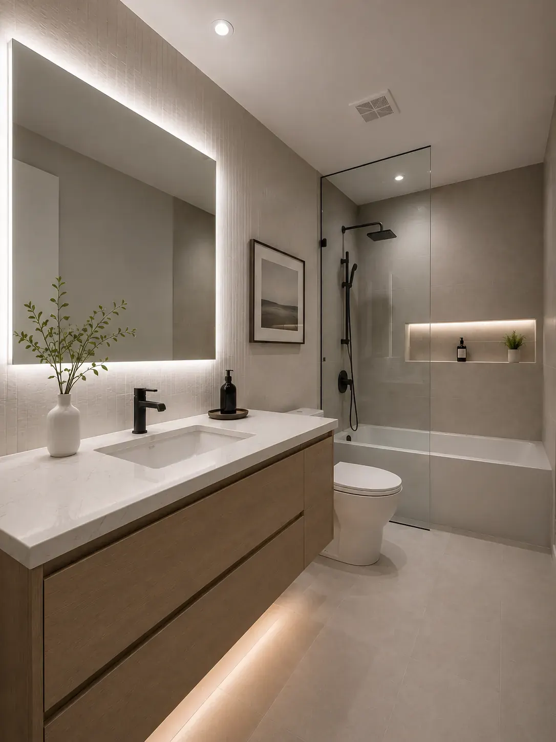 After: the same bathroom renovated with a floating vanity, backlit mirror, and glass shower