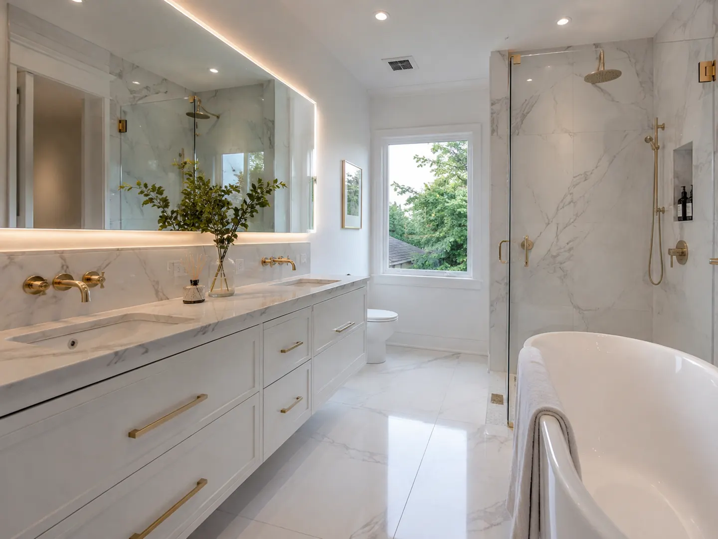 Renovated Toronto bathroom with marble slab walls, a backlit mirror, brass fittings, and a freestanding tub