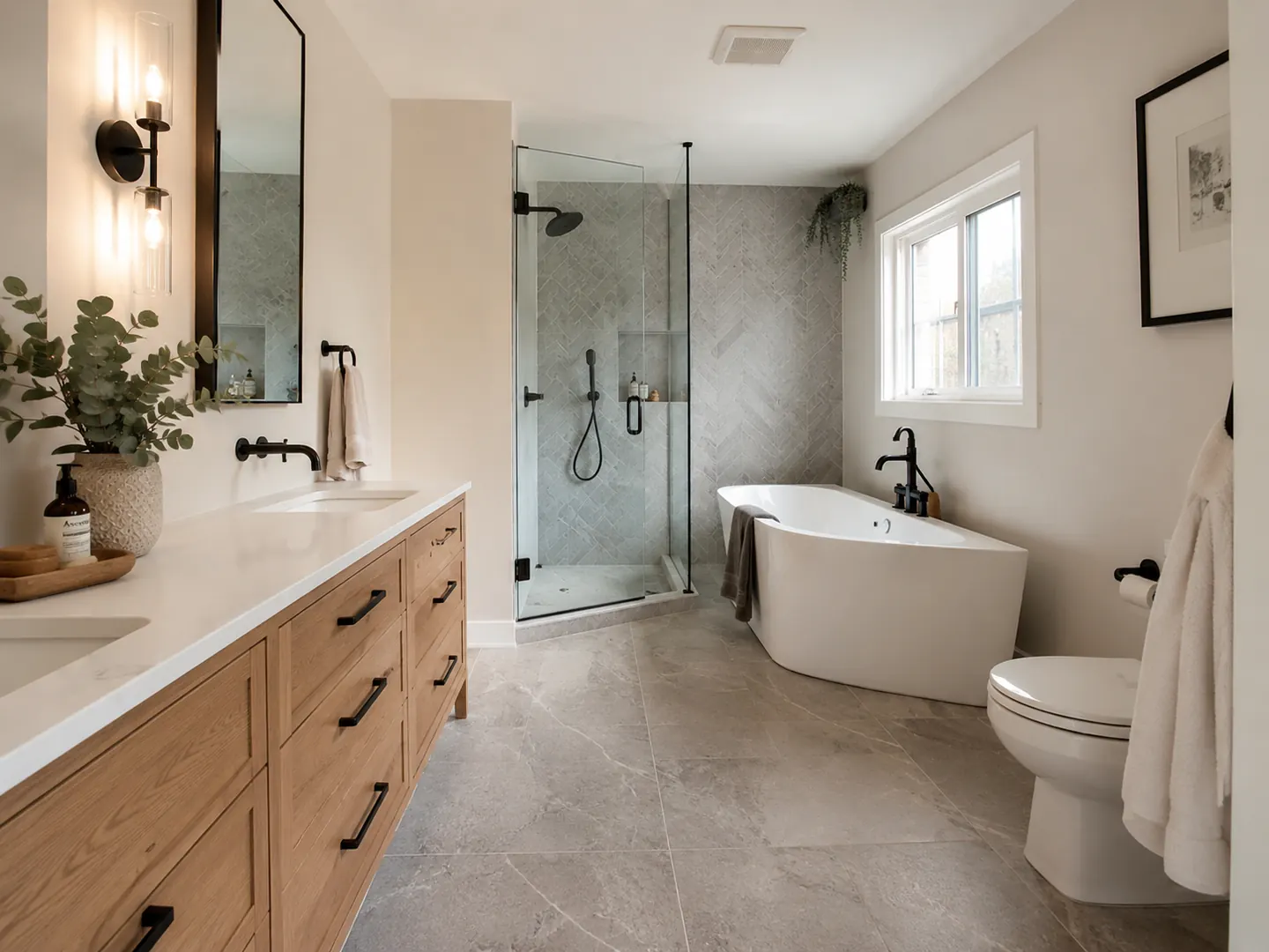 Renovated Toronto bathroom with a white oak vanity, black fixtures, a freestanding tub, and a glass shower