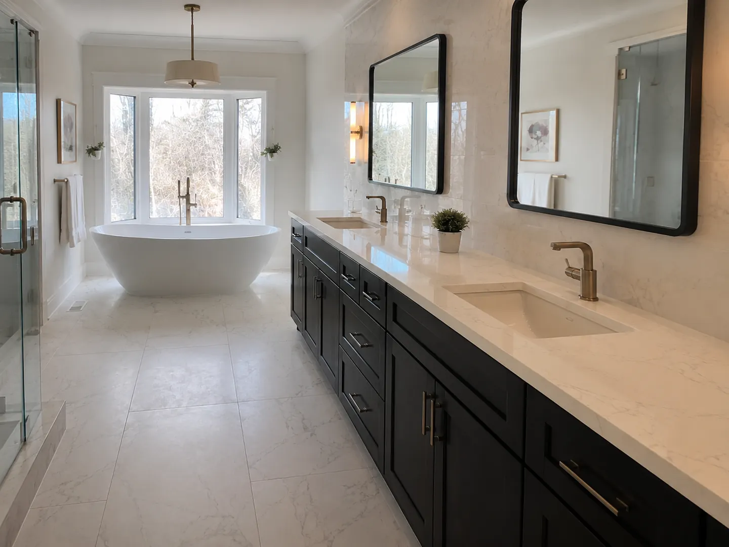 Renovated Toronto primary bathroom with a black double vanity, arched mirrors, and a freestanding tub by the window