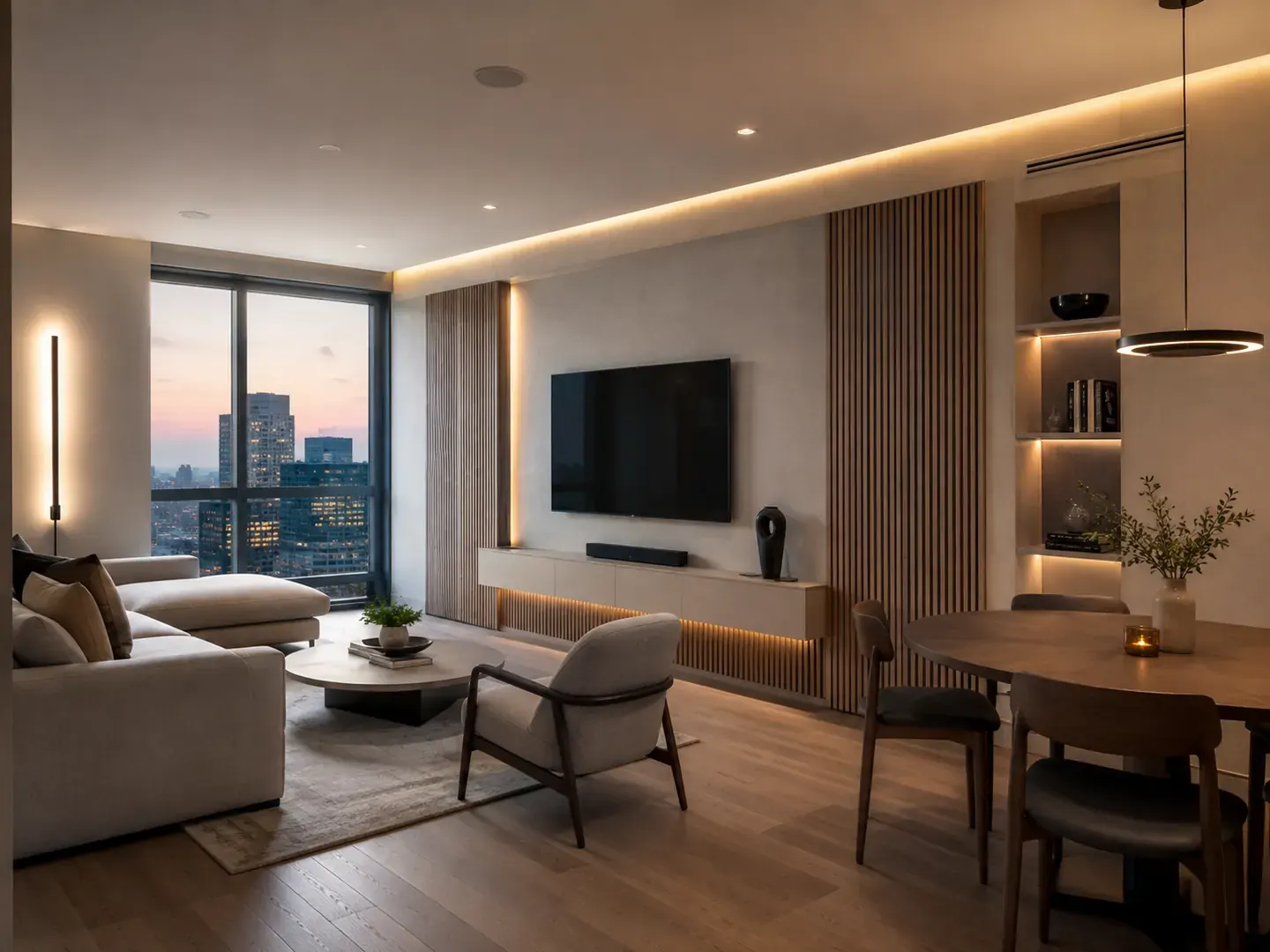 Renovated downtown Toronto condo living and dining area at dusk, lit warmly against floor to ceiling city views