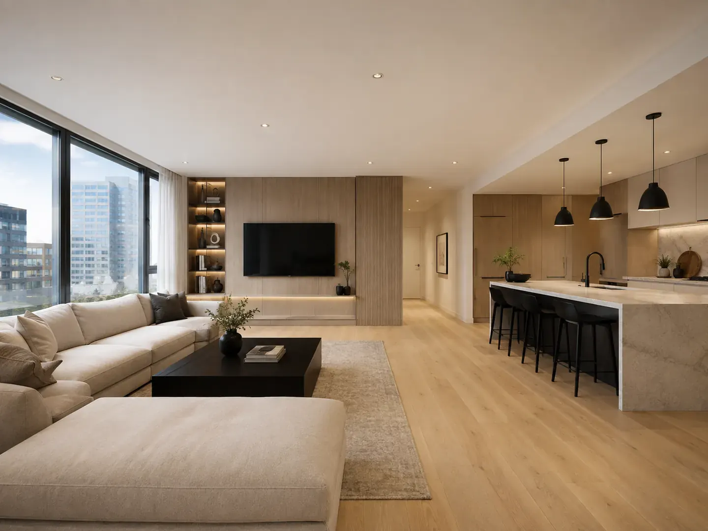 Renovated downtown Toronto condo with an open kitchen, island seating, and a wood media wall