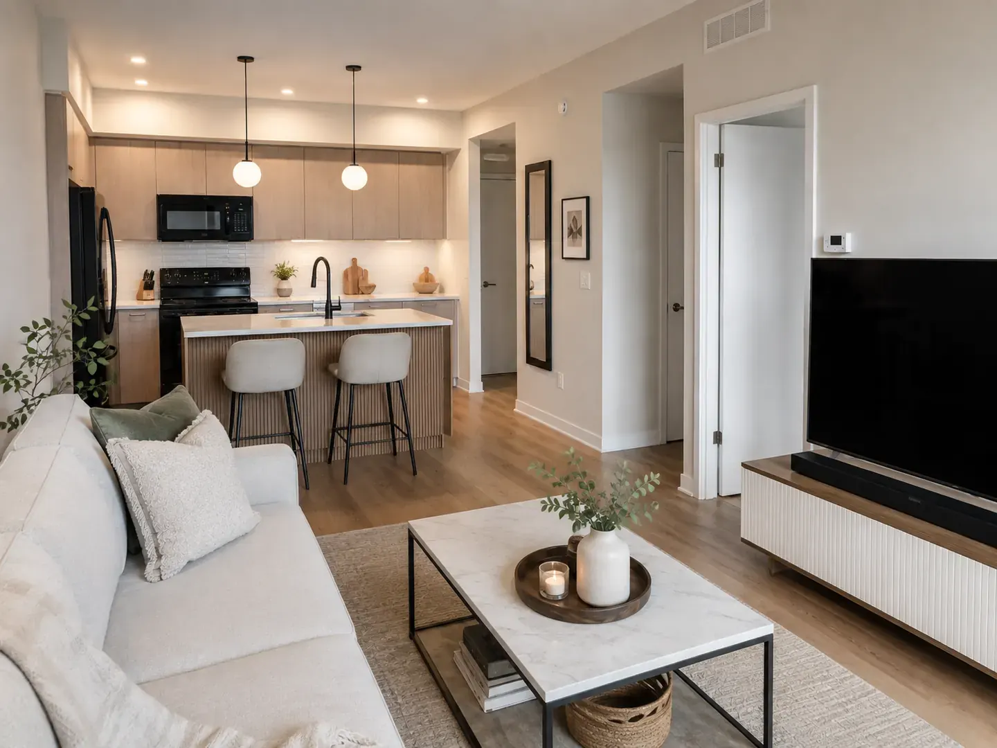 After: the same condo opened up with white cabinetry, an island, and integrated storage