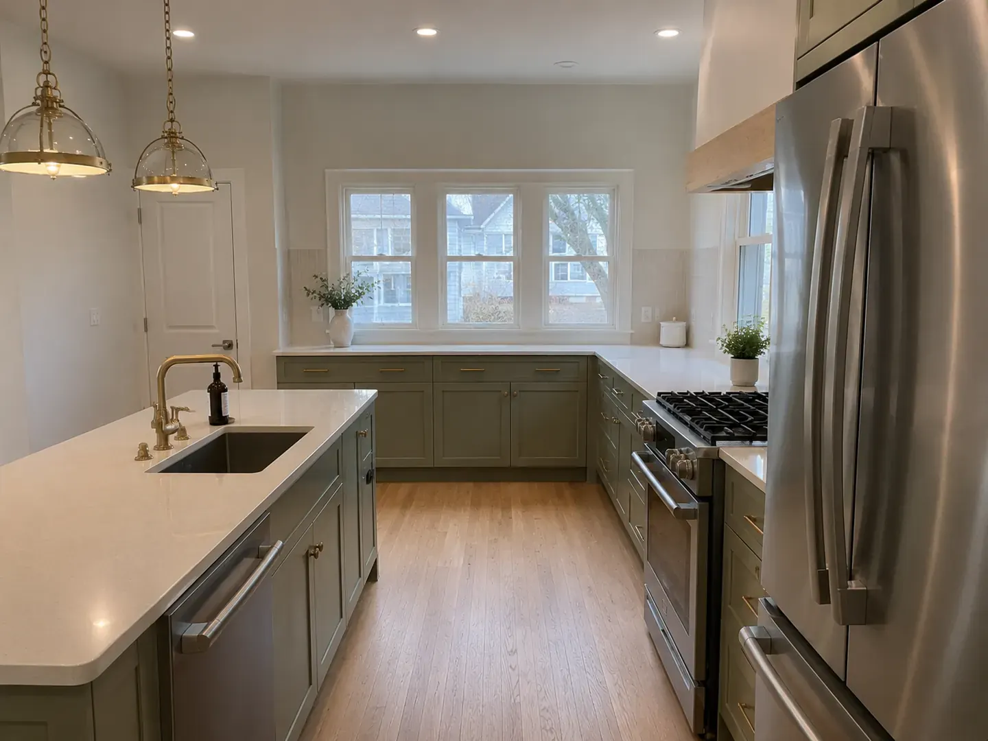 Renovated Toronto kitchen with olive green lower cabinets, a white quartz waterfall island, and brass pendant lights