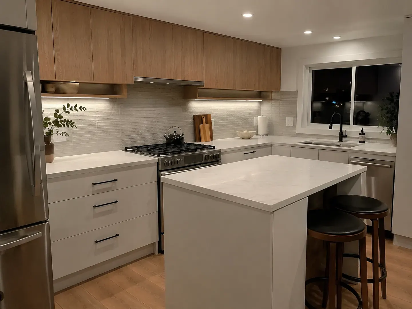Renovated Toronto kitchen at night with warm wood upper cabinets, a white quartz island, and counter seating