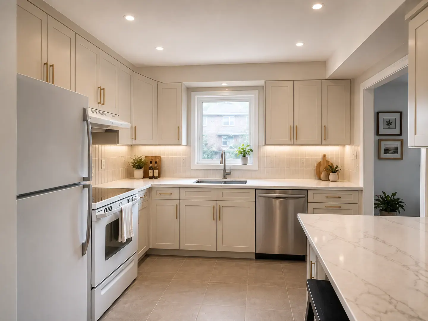 After: the same kitchen with white shaker cabinets, quartz counters, brass hardware, and under-cabinet lighting