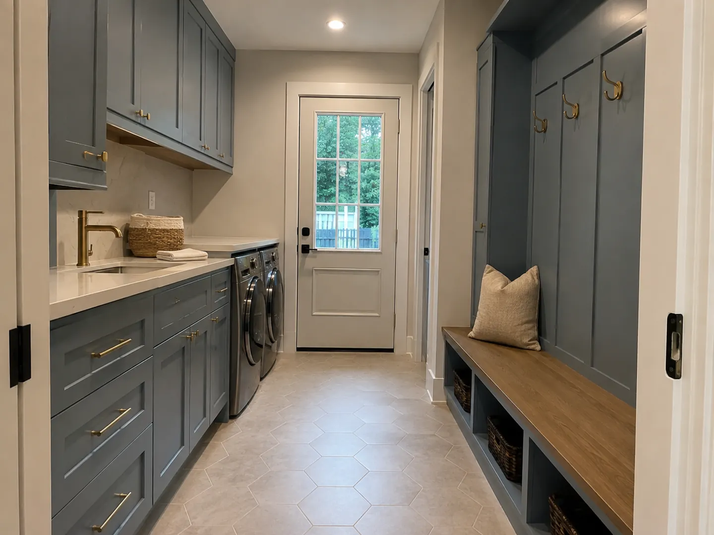 Renovated Toronto mudroom and laundry with slate blue cabinetry, brass hardware, and a built-in bench